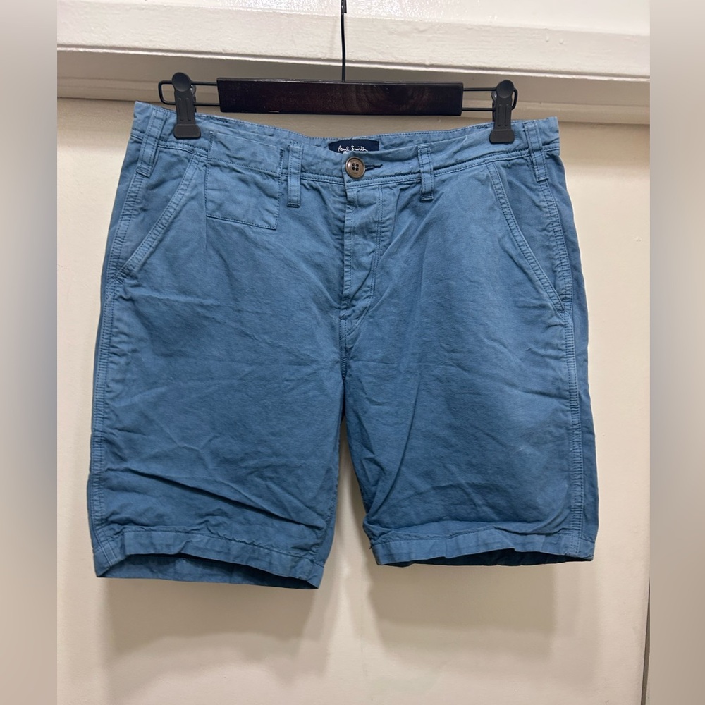 VTG Paul Smith Cotton Linen Shorts Size 30 Blue Button Fly 8" Made In Morocco